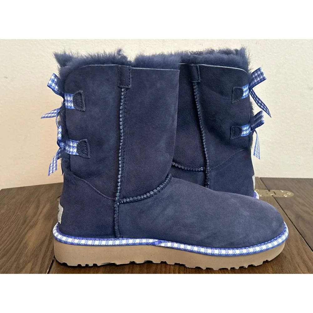 UGG‎ Classic Short Bailey Bow GINGHAM Navy Boots Women's Size 7